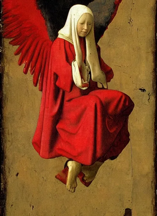 Image similar to Flying Fallen Angel with wings dressed in red, Medieval painting by Jan van Eyck, Johannes Vermeer, Florence