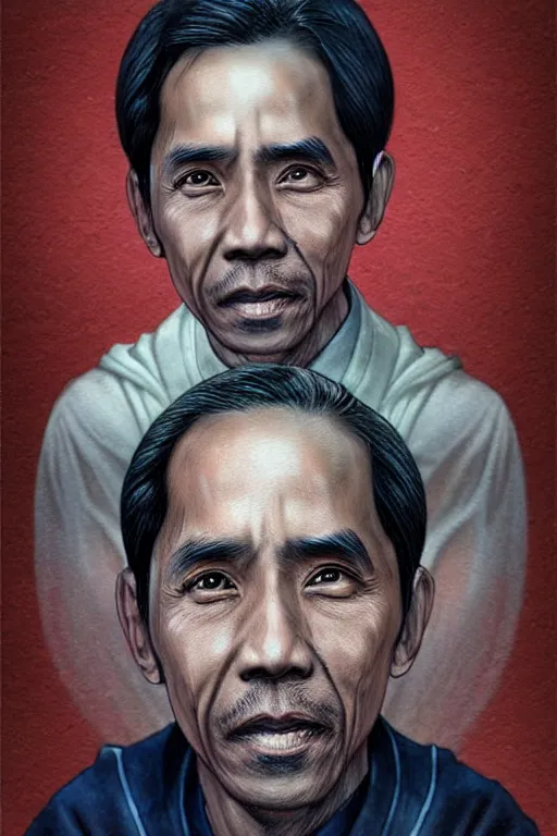 Prompt: saint jokowi, realistic, sketch and art by jacqueline e, color by bo feng lin