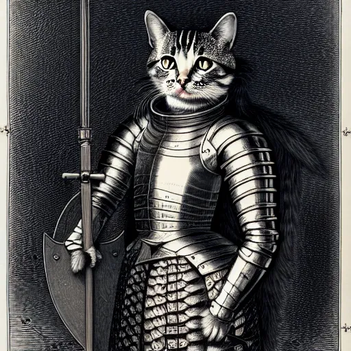 Image similar to engraving portrait of humanoid cat in medieval armoury by gustave dore. trending on deviant art, street art, chillwave, maximalist, full of color, glittering, 8 k, hd