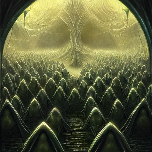 Image similar to a quantum computer surrounded by a dark cabal of multiple hooded elven mystics in long dark robes gathered in a circular formation, dan seagrave art, michael whelan, artstation, cgsociety, epic scifi fantasy art