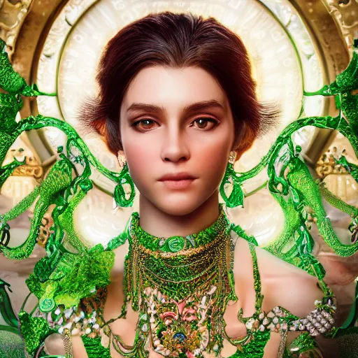 Image similar to photograph of wonderful princess with smooth fair skin, green jewelry, breathtaking, elegant, ornate, intricate, hyper detailed, accent lighting, dramatic light, 4 k octane render