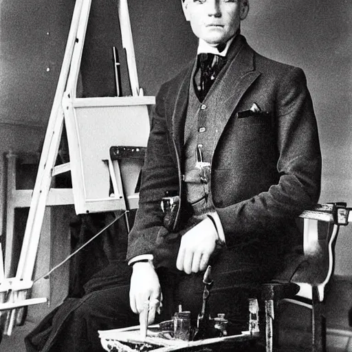 Image similar to clean shaven mcgregor is dressed as a gentleman at early 2 0 th century paris. he is watching an easel. that easel has a canvas on it. ewan mcgregor has a brush on his hand. he is painting a painting. there is a small brown cat with yellow eyes on ewan mcgregors feet, by h. r. giger