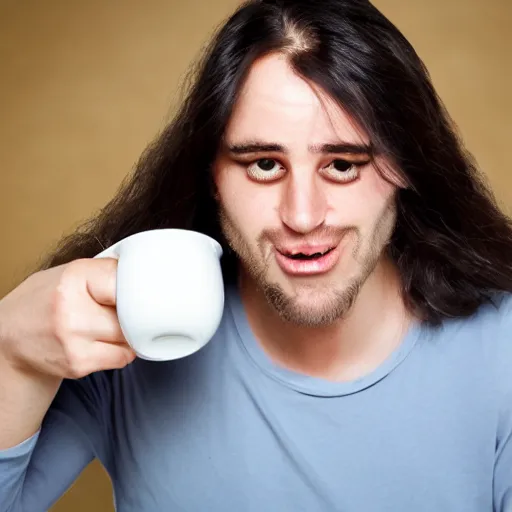 Prompt: man with long dark hair drunk with coffee who is sad because others are not boys