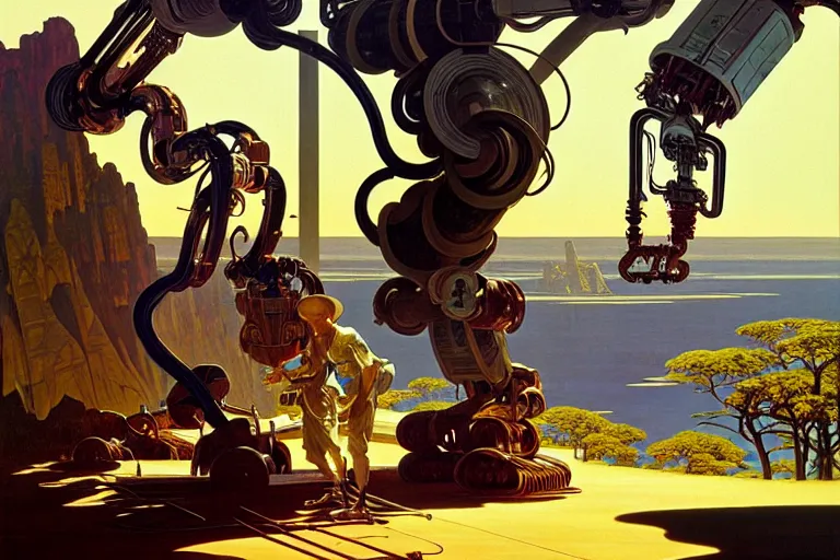 Image similar to natural american landscape | robot repairing another robot, painting by syd mead and weta studio, alphonso mucha, james jean, frank frazetta, highly detailed, rule of third, soft lighting, 8 k resolution, oil on canvas, architectural magazine, beautiful detailed, insanely intricate details, artstation trending, hypermaximalistic, high details, cinematic