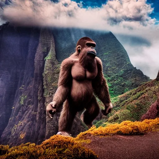 Image similar to king kong walking over madeira island, trampled, cinematic shot, realistic, hdr, color, wide shot, gigantic