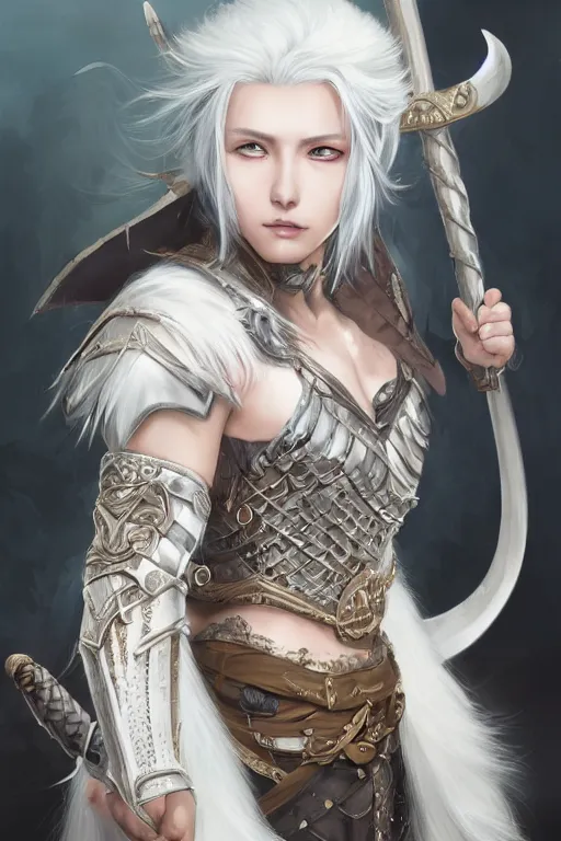 Image similar to A realistic anime portrait of a beautiful white haired female barbarian wearing an intricate viking armor, digital painting, by Stanley Artgerm Lau, Sakimichan, WLOP and Rossdraws, digital painting, painterly, Pixiv, Deviantart, golden ratio, rule of thirds, good composition, HD, 8k, award winning, promo art, splash art, rpg, jrpg, dungeons and dragons, DND, trending on ArtStation