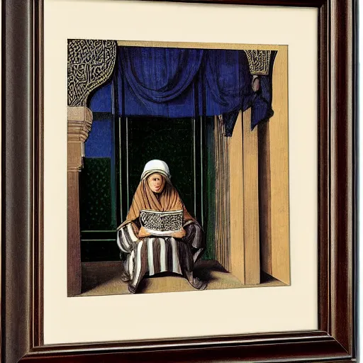 Prompt: a girl reading, islamic pattern, by magritte, by gustave moreau,