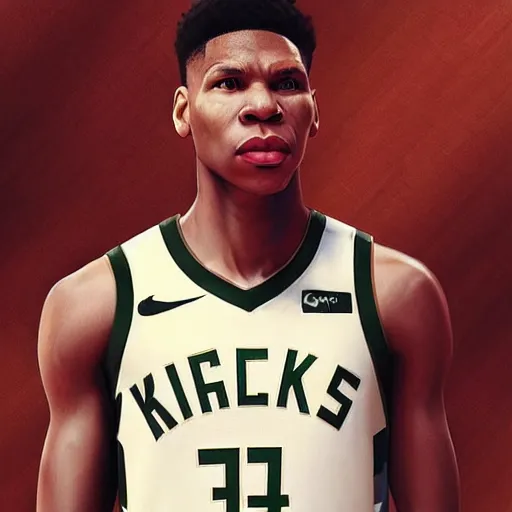 Image similar to giannis antetokounmpo, 3 d character art, wearing basketball jersey, symmetrical facial features, from arknights, hyper realistic, 4 k, rule of thirds, extreme detail, detailed drawing, trending artstation, realistic lighting, by alphonse mucha, greg rutkowski, short neck