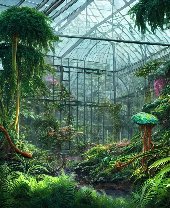 Image similar to an enormous conservatory greenhouse exterior, overgrown with exotic fungus, overgrown with huge ferns, cliff side, noon, sun drenched, partly cloudy, by dan mumford, yusuke murata, makoto shinkai, ross tran, cinematic, unreal engine, cel shaded, featured on artstation, pixiv