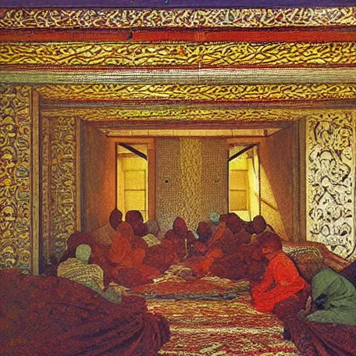 Image similar to brightly coloured patterns on its ceilings, osman hamdi bey style,