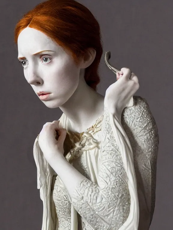 Image similar to a dramatically lit art nouveau white marble portrait sculpture of a worried young karen gillan as joan of arc, delicate, intricate, smooth, beautiful, glowing, by charles van der stappen