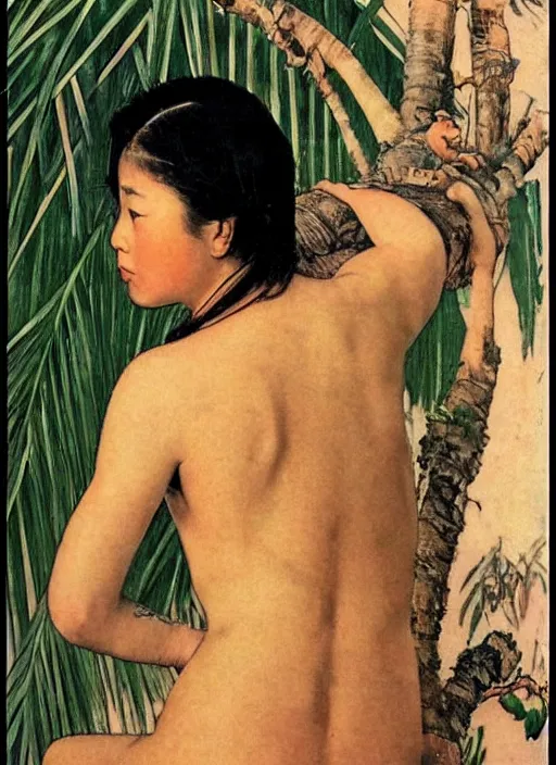 Image similar to a beautiful asian girl with a coconut tree tattoo on her stomach by Norman Rockwell