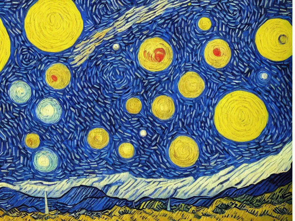 Image similar to A beautiful painting of a five planets by Gioele Muscolino Van Gogh, There are only five planets that are black, white, yellow, red, and blue, behind the galaxy and the universe, Trending on artstation, starry sky