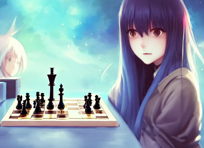 Image similar to rimuru playing chess, with gold eyes, straight hair, sky blue hair, long bangs, high collar, concept art, award winning photography, digital painting, cinematic, by wlop, anime key visual, wlop, 8 k, by ross tran, tom bagshaw, andy warhol