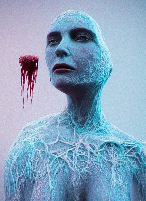 Prompt: melting woman inspired by zdzislaw beksinski, infinite lake, clothes made out of veins, rgb, cables everywhere, bedroom, ultra realistic, concept art, intricate details, highly detailed, photorealistic, octane render, 8 k