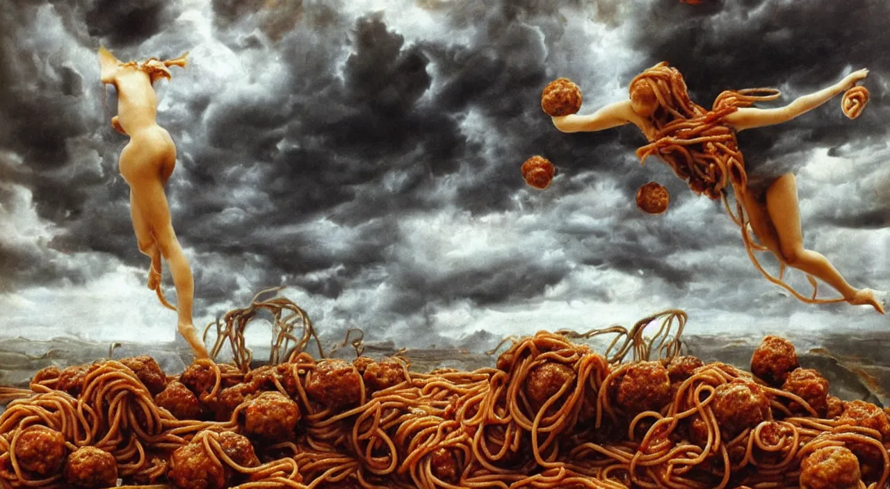 Image similar to perfect woman bodies inside spaghetti bolognesa with meatballs and hundred rusted perfect woman bodies flying in stormy clouds by dali, hyper - realism