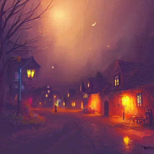 Image similar to A quaint, medieval magical village at night, digital painting by Alena Aenami, trending on artstation