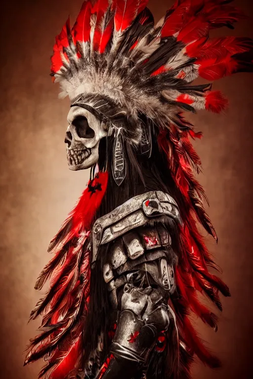 Image similar to the ghost - spirit of the grim - warpaint wears the scarlet skull armor and native blood headdress feathers, midnight fog - mist!, dark oil painting colors, realism, cinematic lighting, various refining methods, micro macro autofocus, ultra definition, award winning photo