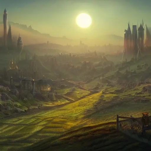 Image similar to fantasy landscape with rolling fields and a steam punk city sunset smoggy trending on artstation 4k highly detailed