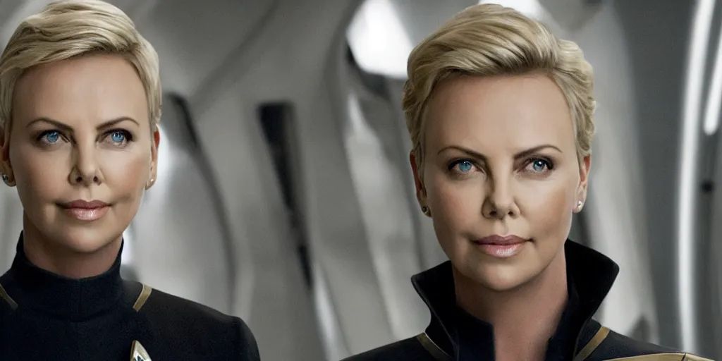 Prompt: Charlize Theron is the captain of the starship Enterprise in the new Star Trek movie