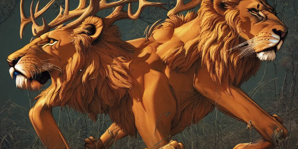 Image similar to prompt : lion hunting a deer soft light painted by james jean and katsuhiro otomo and erik jones, inspired by akira anime, smooth face feature, intricate oil painting, high detail illustration, sharp high detail, manga and anime 1 9 9 9