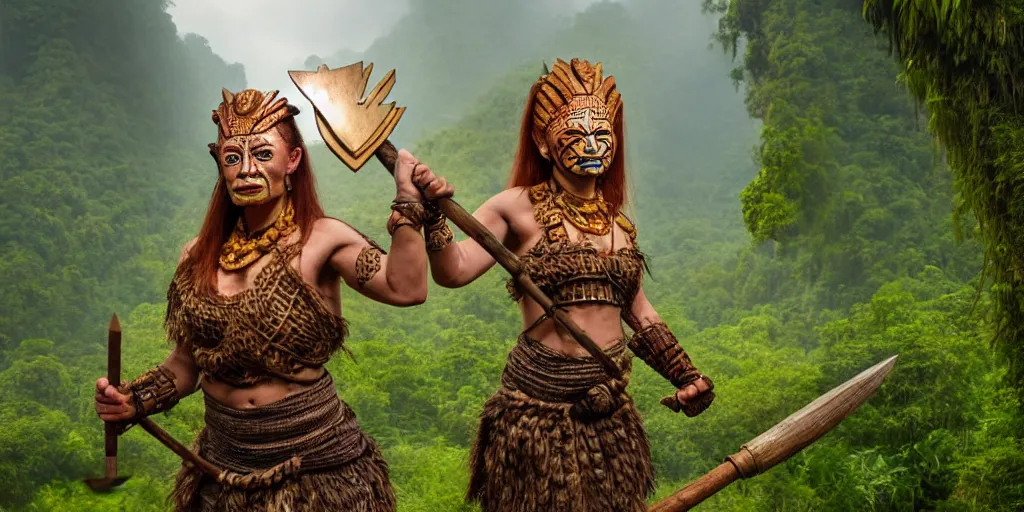 Image similar to armoured ginger dwaven woman wielding a hammer and shield, jungle clearing, awesome floating mountain in the shape of a human heart by Charlie White 4k realism distant landscape