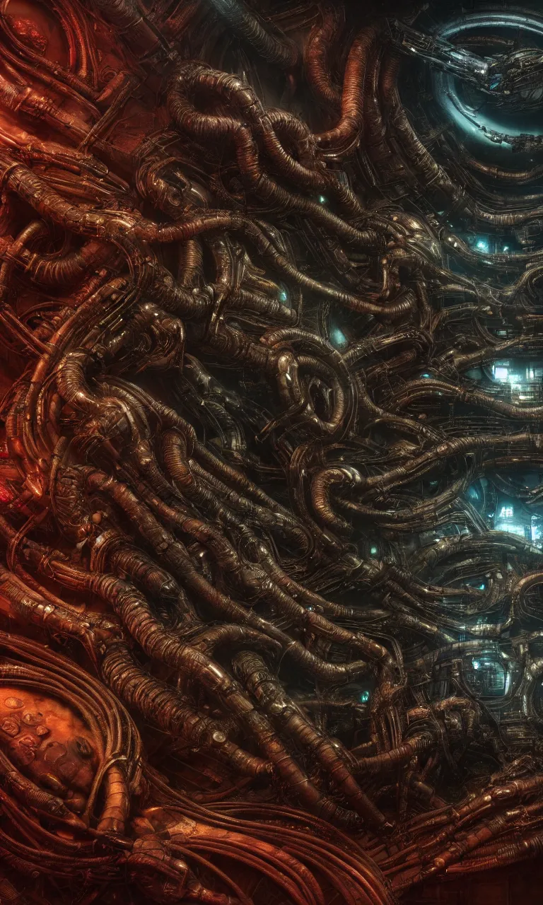 Image similar to Prometheus biological sci-fi environment set close-up, ship control panel close-up, in a nightmarish universe of odd forms and somber tapestry, HR Giger and Vincent Di Fate, vivid color scheme, featured in artstation, octane render, cinematic, elegant, intricate, 8k