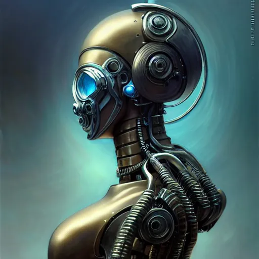 Image similar to low angle shot of a cyberpunk robot character wearing a gazmask, intricate, elegant, highly detailed, centered, digital painting, artstation, concept art, smooth, sharp focus, illustration, artgerm, Tomasz Alen Kopera, Peter Mohrbacher, donato giancola, Joseph Christian Leyendecker, WLOP, Boris Vallejo