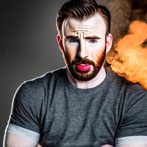 Prompt: Photo of Chris Evans, close-up, high detail, studio, ominous background, smoke, 85mm Sigma Art Lens