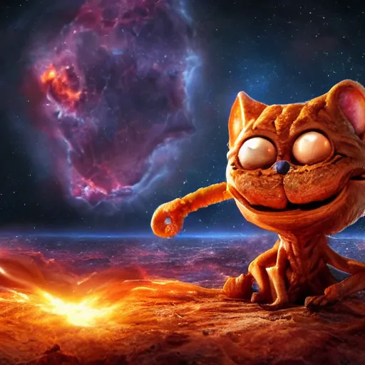 Image similar to one eldritch horror bloody garfield in space, galaxy, hd, 8 k, cinema footage, giant, epic, realistic photo, unreal engine, stars, prophecy, powerful, cinematic lighting, destroyed planet, debris, violent, sinister, ray tracing, dynamic, print, epic composition, dark, horrific, teeth, grotesque