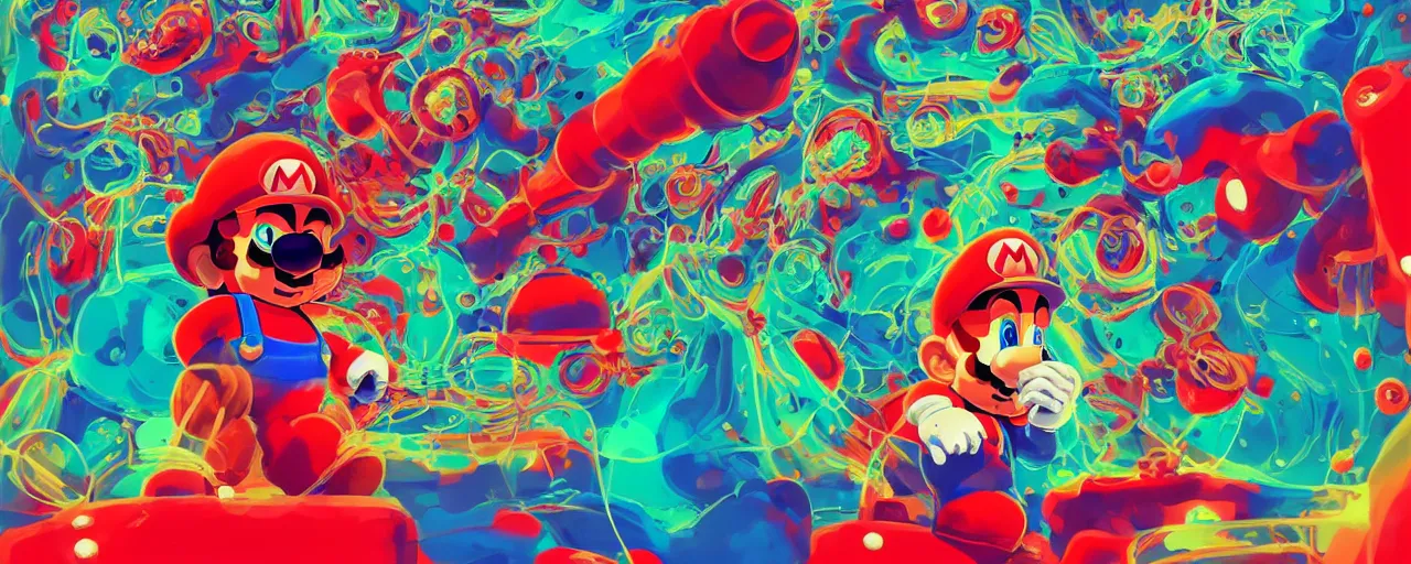 Prompt: red blue green illustration super mario as real human having psychedelic acid trip on lsd sglichy hypnotic fractals spirals with chemical molecules structures. lava lamp shapes by sachin teng and sergey kolesov and ruan jia and heng z. graffiti art, scifi, fantasy, hyper detailed. octane render. concept art. trending on artstation