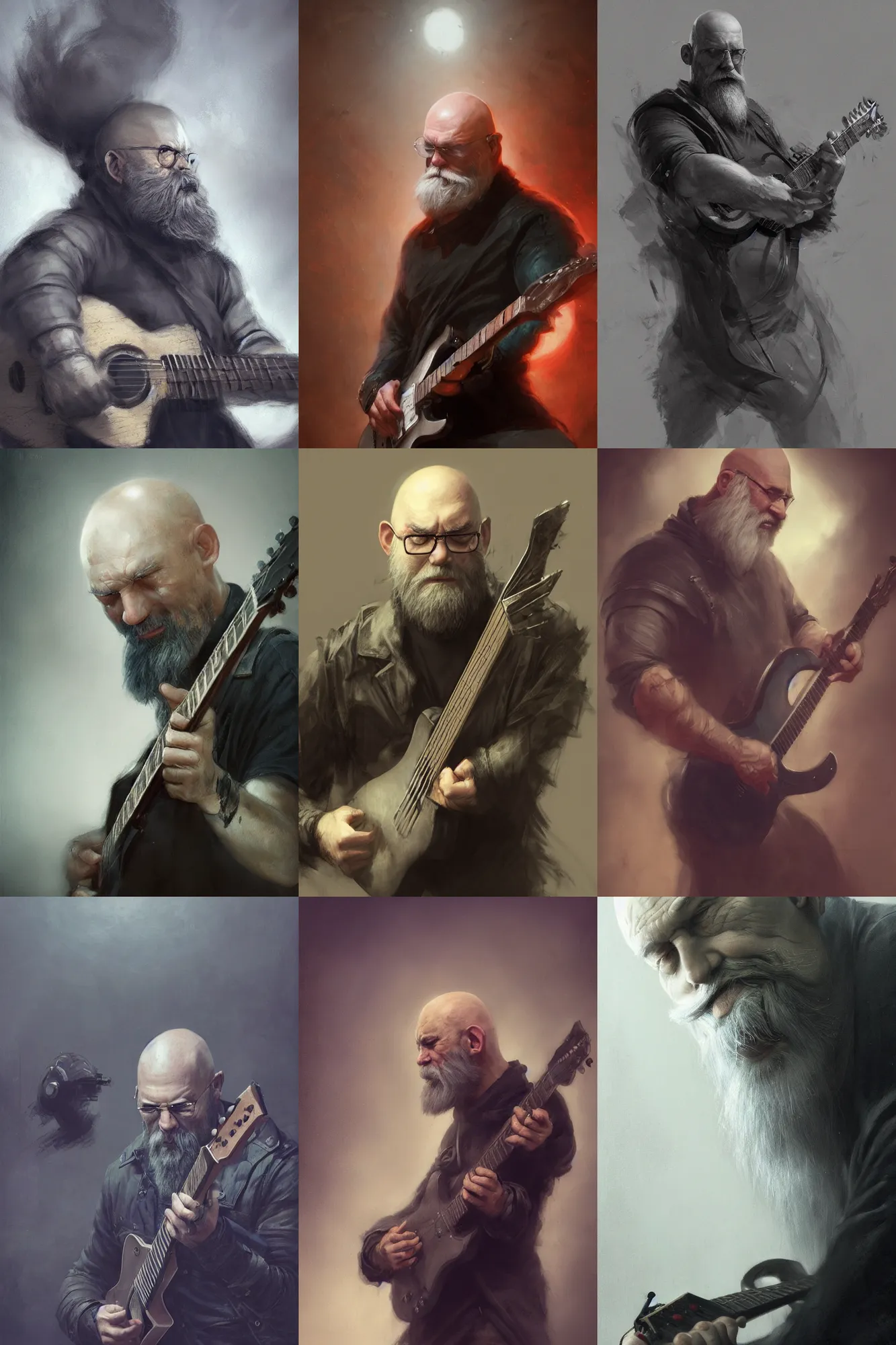 Prompt: a grumpy bald man with a long grey beard playing the guitar, black clothing, 3 d render, hyper - realistic detailed portrait, ruan jia, wlop. scifi, fantasy, magic the gathering, hyper detailed, octane render, concept art, peter mohrbacher