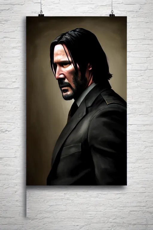 Image similar to cinematic shot of an epic portrait of john wick dressed in military clothes, stylised military clothes, shiny skin, beautiful eyes, beautiful, small details, night setting, realistic poster with volumetric light from craig mallism, artgerm, jeremy lipkin and michael garmash, unreal engine, radiant light, digital art, trends at art station, a masterpiece
