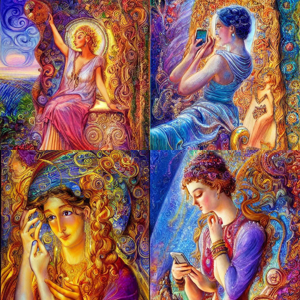 Prompt: goddess checking her phone, by josephine wall, magic realism