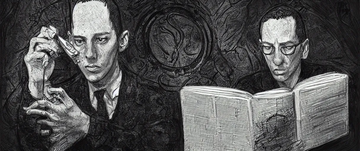 Prompt: “ a extremely detailed stunning portraits of hp lovecraft reading necronomicon by allen william on artstation ”