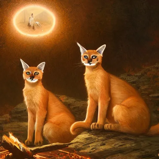 Prompt: three cute caracals wearing red ties with guitar, campfire, night, atmospheric lighting, intricate, volumetric lighting, digital art, highly detailed by gaston bussiere, craig mullins, j. c. leyendecker 8 k