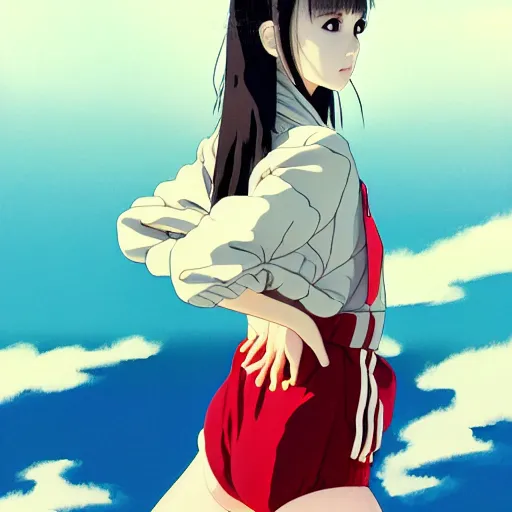 Image similar to a beautiful japanese natalie portman gravure model, wearing oversized native designer bomber jacket and leotard with overalls, bulky poofy bomber jacket with mesoamerican patterns, mesoamerican native street fashion, gapmoe yandere grimdark, trending on pixiv fanbox, painted by greg rutkowski makoto shinkai takashi takeuchi studio ghibli, akihiko yoshida