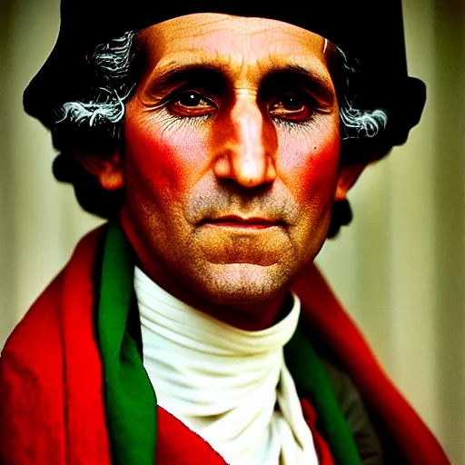 Image similar to portrait of george washington as afghan man, green eyes and red scarf looking intently, photograph by steve mccurry