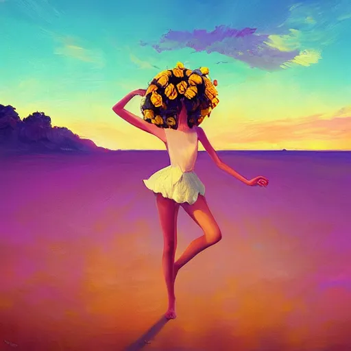 Image similar to portrait, giant rose flower head, girl dancing at the beach, surreal photography, sunrise, blue sky, dramatic light, impressionist painting, digital painting, artstation, simon stalenhag