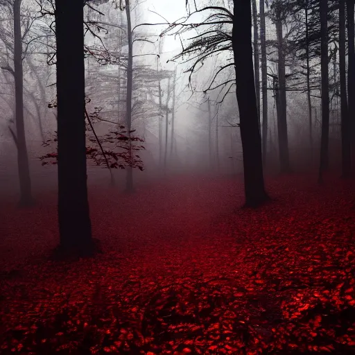 Image similar to a dark evil forest where the entire forest floor is covered in dark red leaved, blood red leaves, atmospheric fog, moon lit, vague outline of a dark figure