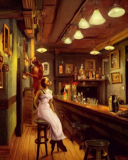 Prompt: a beautiful barmaid, dimly lit cozy tavern, relaxed pose, fantasy, art deco, detailed painterly digital art style by Francis Bacon, 😍 , 8k octane beautifully detailed render, post-processing, extremely hyperdetailed, in the style of Francis Bacon and Syd Mead and Edward Hopper and Norman Rockwell and Beksinski, open ceiling, highly detailed, painted by Francis Bacon, painted by James Gilleard, surrealism, airbrush, Ilya Kuvshinov, WLOP, Stanley Artgerm, very coherent, art by Takato Yamamoto and James Jean