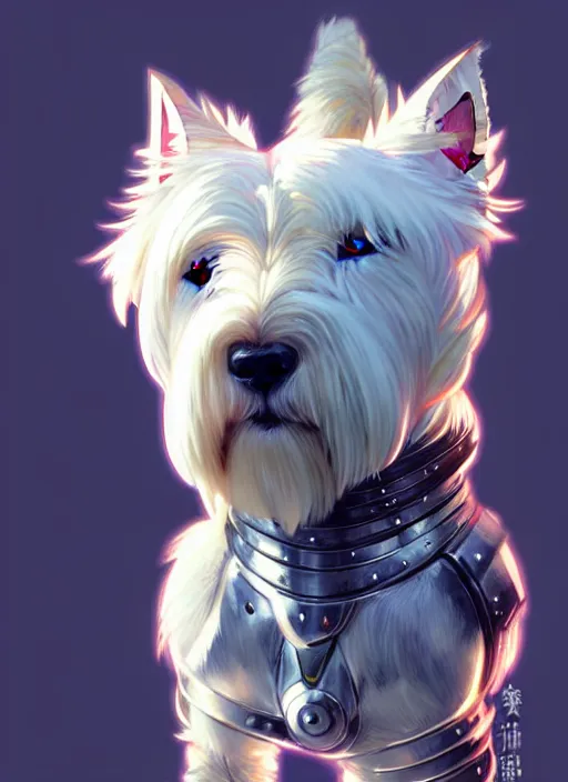 Image similar to a west highland white terrier, anime art style, wearing futuristic, led - lit armor, and a cannon mounted on his back, portrait, high detail, sharp focus, digital painting, artstation, concept art, art by hayao miyazaki and artgerm and greg rutkowski and alphonse mucha.