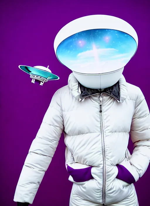 Image similar to purple alien wearing white puffer jacket, in paris, they hold a model ufo, in the style of jojo's bizarre adventure,