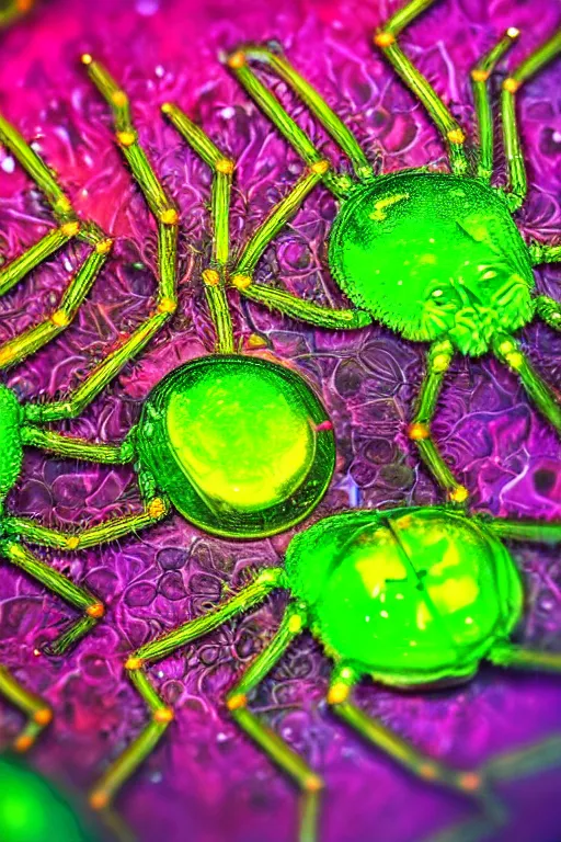 Image similar to high quality macro photo gelatinous spiders! gorgeous highly detailed hannah yata elson peter cinematic neon green lighting high quality low angle hd 8k sharp shallow depth of field