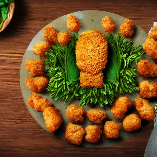 Prompt: standing breaded chicken with a crown of a king in top of it, holding a king staff, hyper realistic, 4k