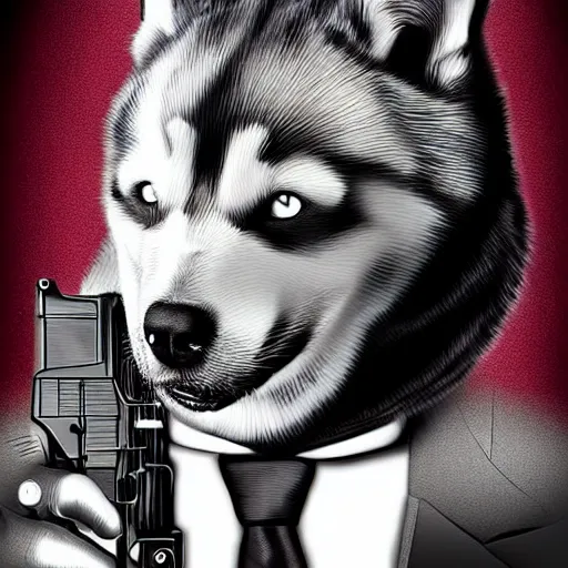 Image similar to a man with a husky's face wearing a suit and holding a gun, Digital art, intricate details, illustration