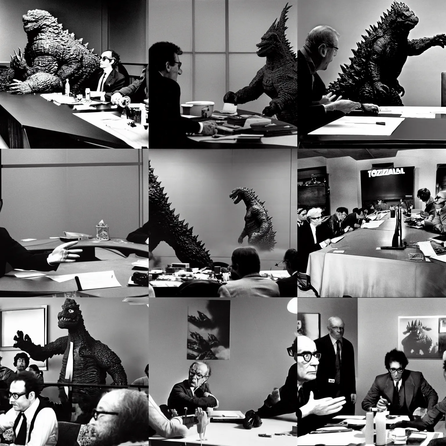 Prompt: godzilla is seated at a conference table with a mike and jean - luc godard. jean - luc godard and godzilla are both answering questions. godzilla is a big monster with scapes. award winning photography in black and white