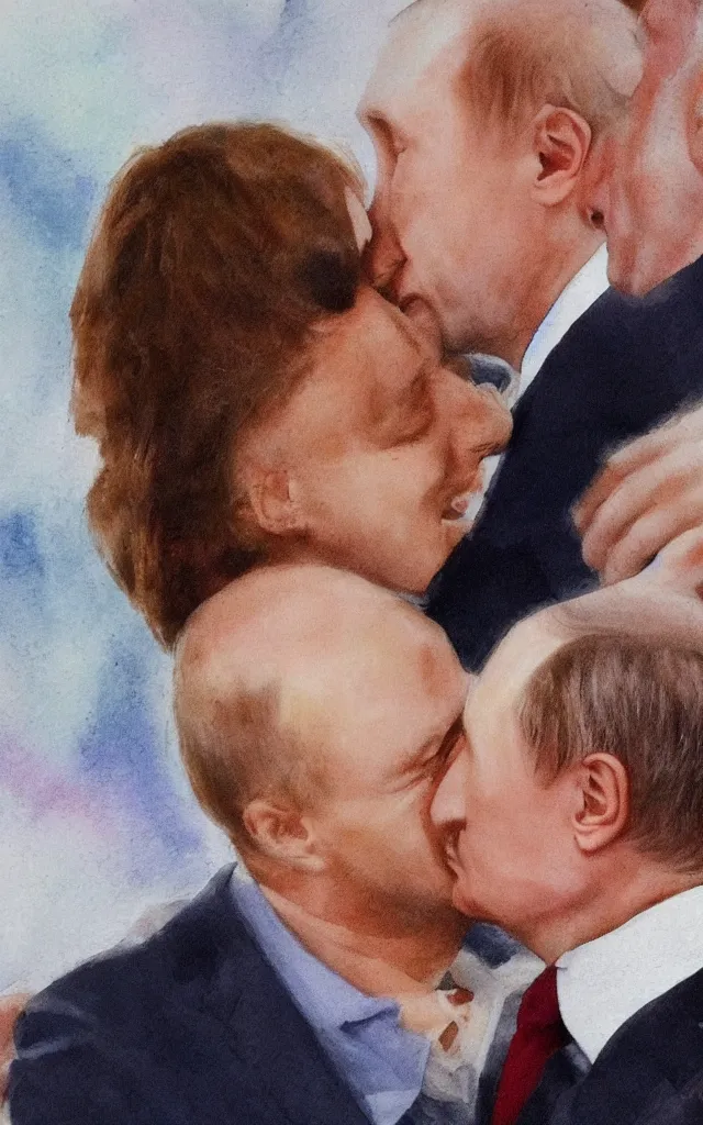 Image similar to vladimir putin kissing selensky with tongue, hyperrealistic
