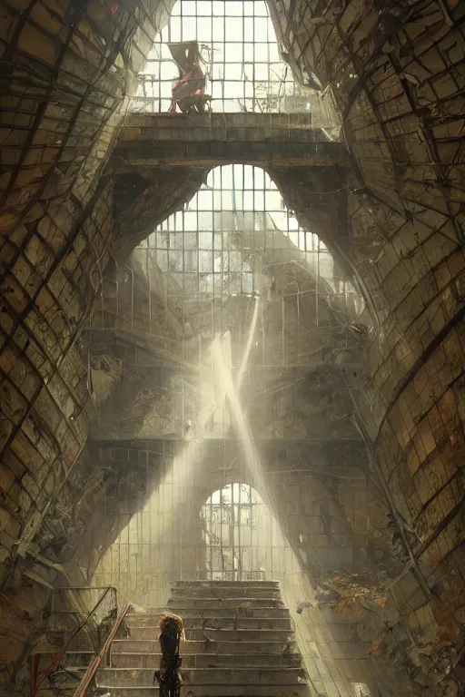 Image similar to i climb up on the endless stairs inside this decayed hitech brutalist building, rays of lights breaking through the holes in the walls, ruined litter, monumental, global illumination, by rhads and ferdinand knab and makoto shinkai and alphonse mucha