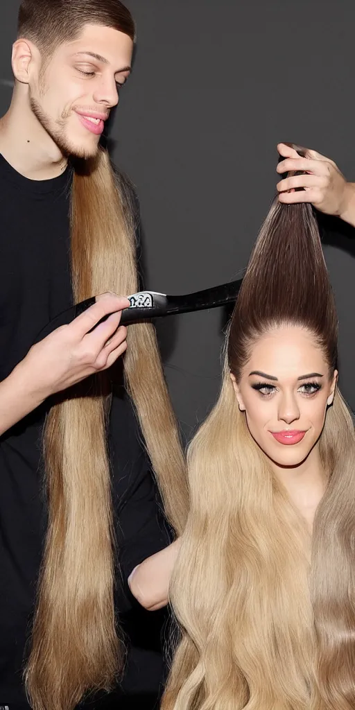 Image similar to pete davidson brushing jessica's long blond hair with a huge hairbrush, comically large hairbrush, ultra - realistic photograph